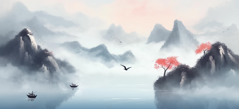 两颗红色树山谷手绘中国风意境水墨山水,插画/手绘图,插画/手绘图库,插画/手绘图下载,插画/手绘